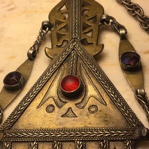 Unique Vintage Gold Tassel Necklace with Red and Blue Accents